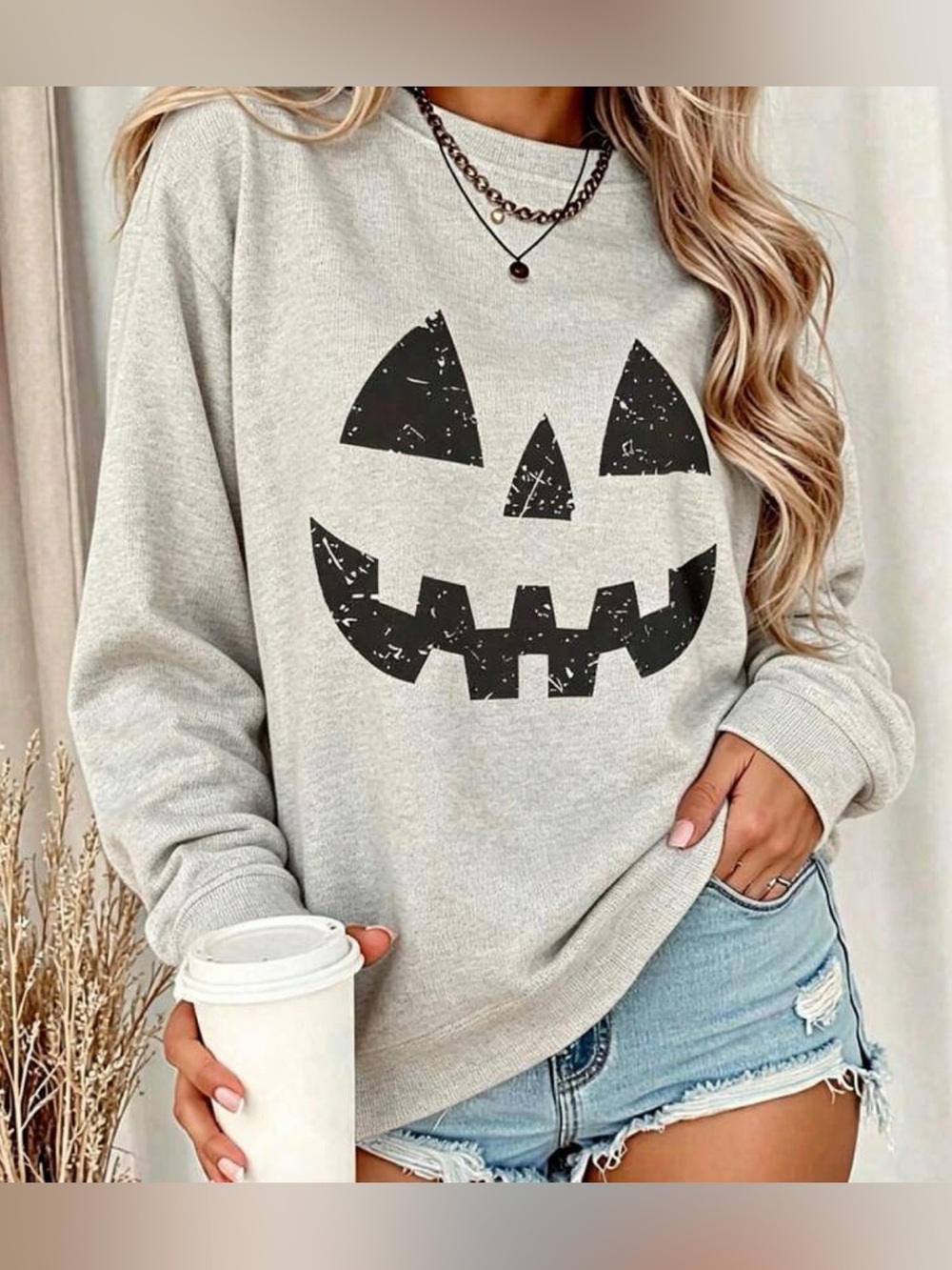 Women’s Grey Pumpkin Face Graphic Sweatshirt